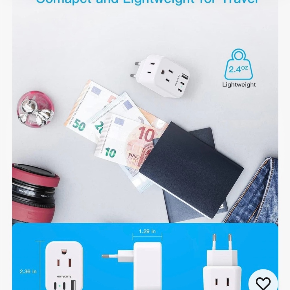 HANYCONY 2 Pack European travel plug adapterC 2 outlets 3 USB ports US to Europe - Picture 3 of 5